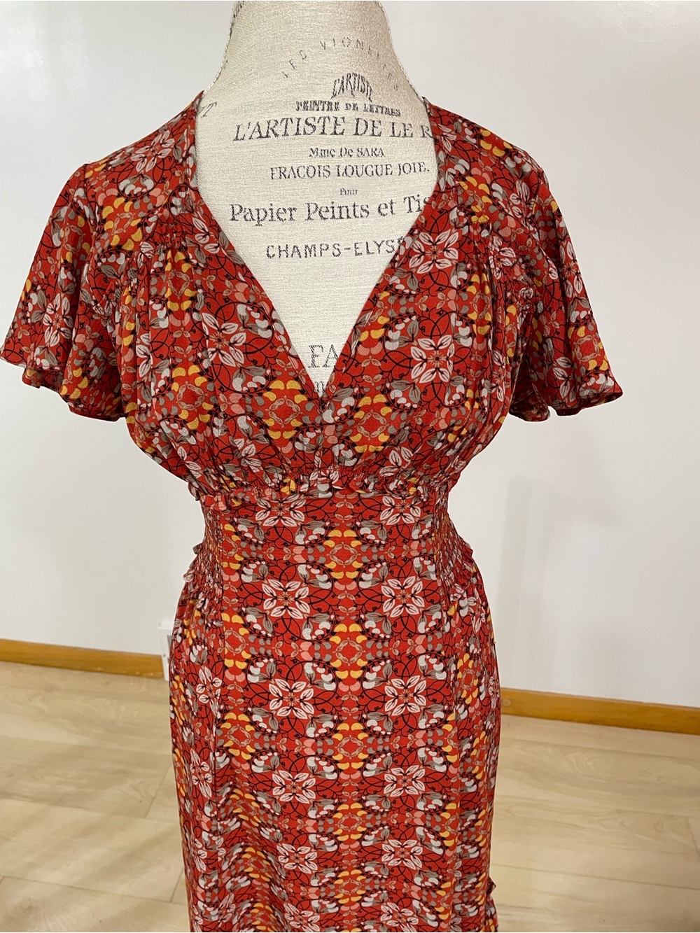 Max Studio Rust Floral Smocked Midi Dress with Orange & Cream Accents - Picture 5 of 5